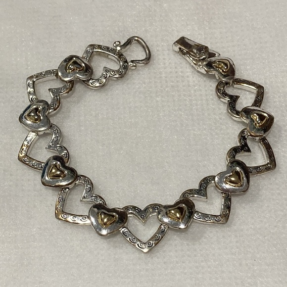 Silvertone Open Heart Link & Heart Goldtone Spacer Magnetic Clasp Bracelet - Picture 1 of 13